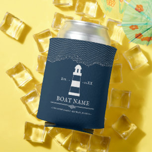Nautical Personalised lighthouse Boat Name Blue Can Cooler
