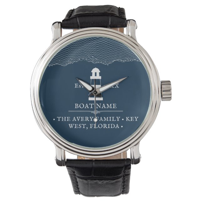 Nautical Personalised lighthouse Boat Navy Blue Watch (Front)