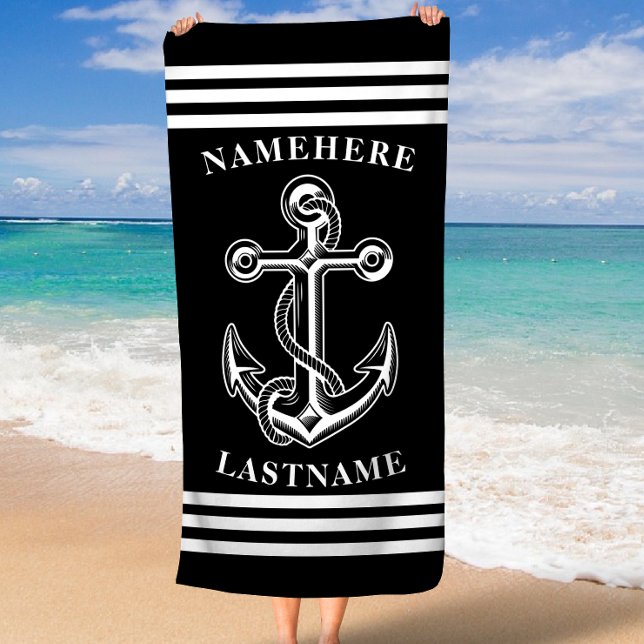 Nautical Personalised Name Black Anchor with Rope Beach Towel (Nautical Personalized Name Black Anchor with Rope Beach Towel)