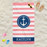 Nautical Personalised Name Navy Pink Striped Beach Towel<br><div class="desc">Personalised beach towel design features a nautical design with round framed boat anchor and custom text in simple and modern serif lettering that can be personalised with a first name. Navy blue circle design and text frame contrasts a striped pink and white background with a stylish pattern of horizontal stripes....</div>