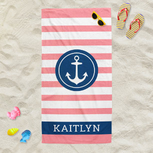 Nautical Personalised Name Navy Pink Striped Beach Towel