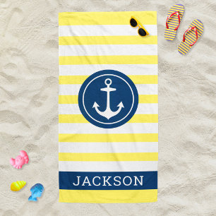 Nautical Personalised Name Navy Yellow Striped Beach Towel
