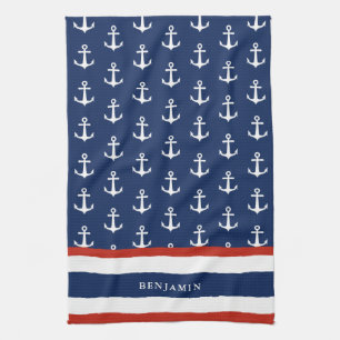 Nautical Personalised Navy Blue Red White Anchor Tea Towel