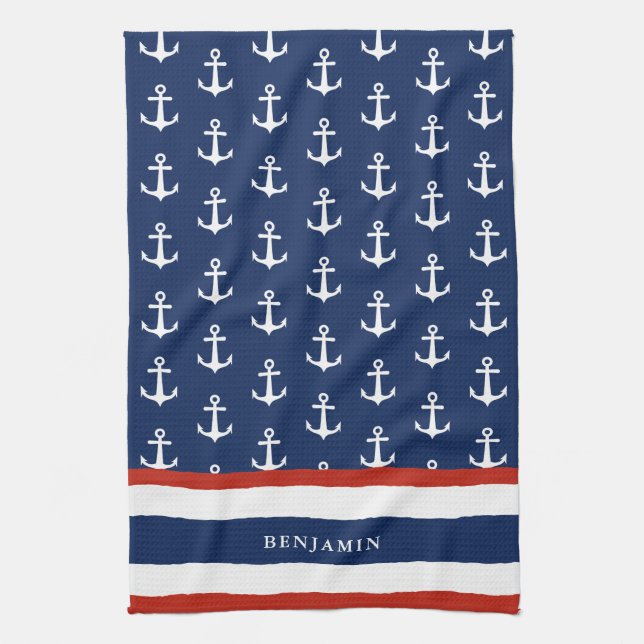 Nautical Personalised Navy Blue Red White Anchor Tea Towel (Vertical)