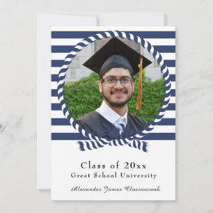 Nautical Photo Navy Blue White stripes Graduation Announcement