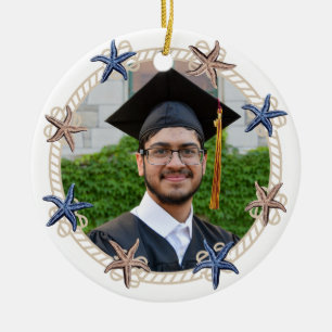 Nautical Photo Navy Blue White stripes Graduation Ceramic Tree Decoration
