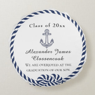 Nautical Photo Navy Blue White stripes Graduation Round Cushion