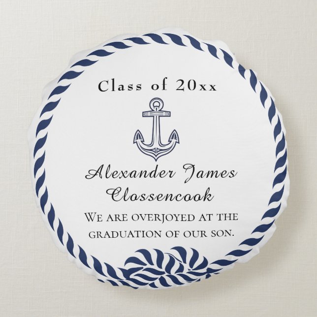 Nautical Photo Navy Blue White stripes Graduation Round Cushion (Back)