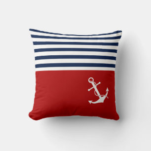 Nautical Pillow, Blue, White, Red Stripes, Anchor Cushion