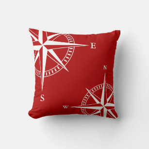 Nautical Pillow, Compass, Red and White, Maritime Cushion