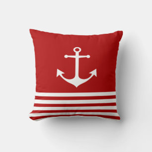 Nautical Pillow, White, Red Stripes, Anchor Pillow