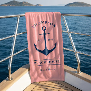 Nautical Pink Anchor Beach House Monogram Towel