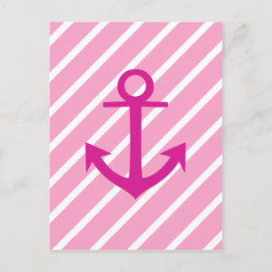 Nautical Pink And White Stripes Fuchsia Anchor Postcard