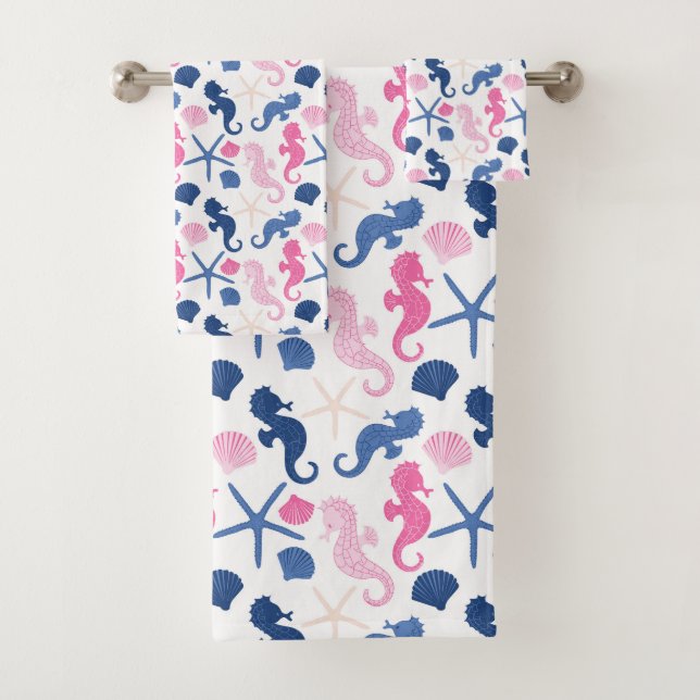 NAUTICAL PINK BLUE SHELLS SEAHORSES BATH TOWEL SET (Insitu)