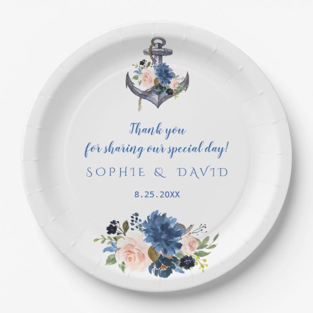 Nautical Pink Blush Blue Floral Anchor Wedding Paper Plate (Front)