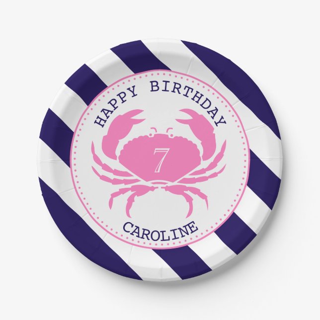 Nautical Pink Crab Birthday Party Paper Plate (Front)