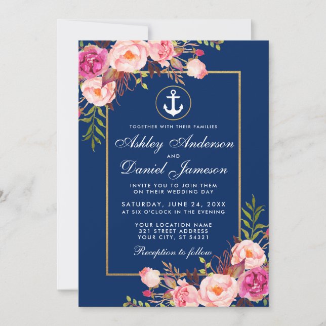 Nautical Pink Floral Blue Gold Wedding Invitation (Front)
