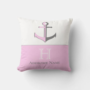 Nautical Pink Grey Anchor Coastal Monogrammed Cushion