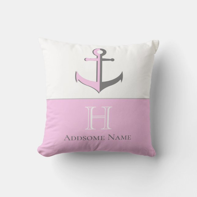 Nautical Pink Grey Anchor Coastal Monogrammed Cushion (Front)