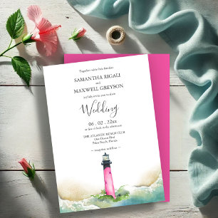 Nautical Pink Lighthouse Beach Destination Wedding Invitation