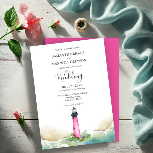 Nautical Pink Lighthouse Beach Destination Wedding Invitation (Creator Uploaded)