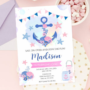 Nautical Pink Navy Anchor Girl 1st Birthday Invitation