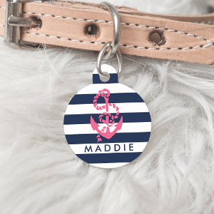 Nautical Pink & Navy Stripe Anchor Personalised Pet Tag