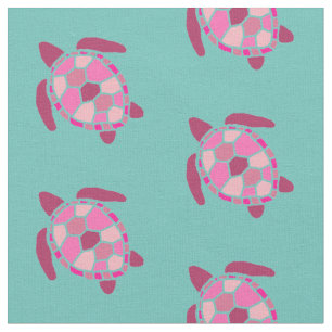 Nautical Pink Sea turtles Pattern on Teal Fabric
