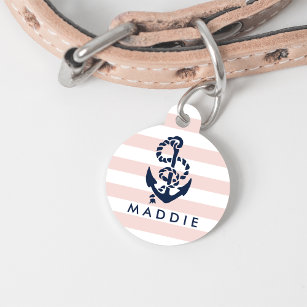 Nautical Pink Stripe Anchor Personalised Pet Tag