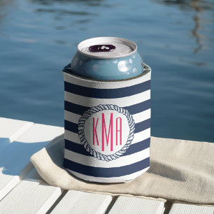 Nautical Pink Stripe & Navy Anchor Personalised Can Cooler