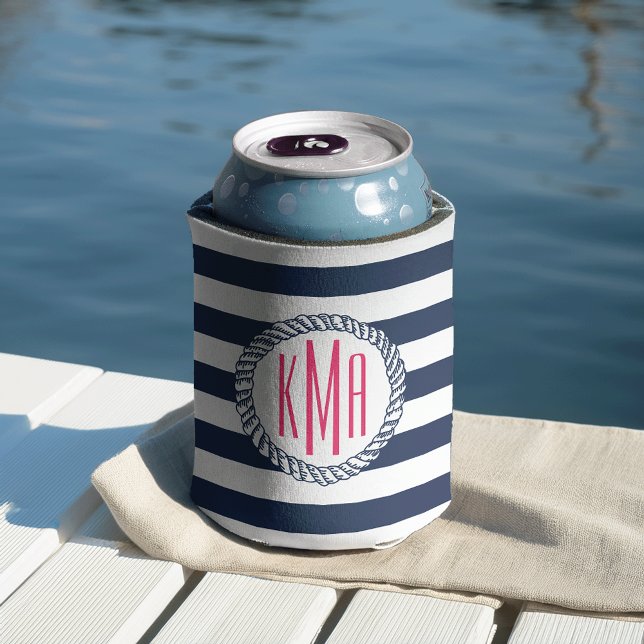 Nautical Pink Stripe & Navy Anchor Personalised Can Cooler (Creator Uploaded)