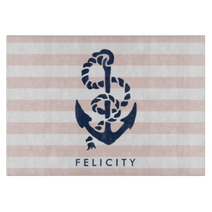 Nautical Pink Stripe & Navy Anchor Personalised Cutting Board