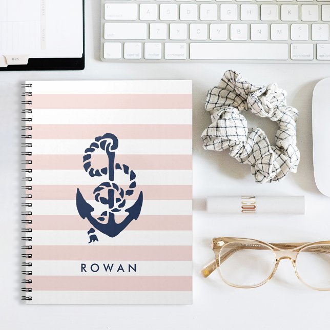 Nautical Pink Stripe & Navy Anchor Personalised Notebook (Creator Uploaded)