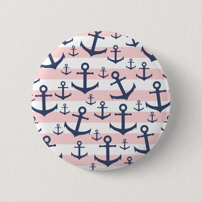 Nautical pink stripe navy blue anchor pattern 6 cm round badge (Front)