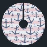 Nautical pink stripe navy blue anchor pattern brushed polyester tree skirt<br><div class="desc">Summer design featuring navy blue anchor pattern on a blush pink and white stripe background.</div>