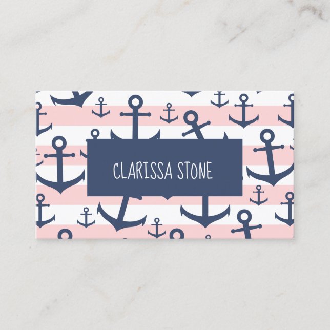 Nautical pink stripe navy blue anchor pattern business card (Front)