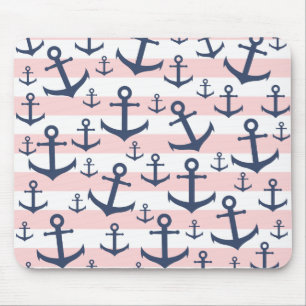 Nautical pink stripe navy blue anchor pattern mouse pad