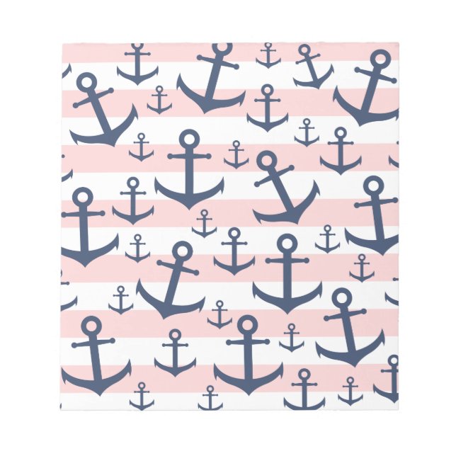 Nautical pink stripe navy blue anchor pattern notepad (Front)