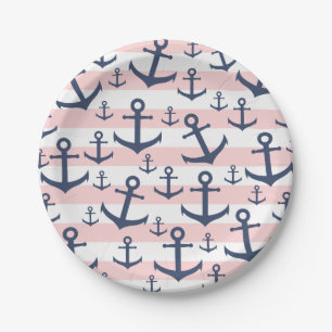 Nautical pink stripe navy blue anchor pattern paper plate