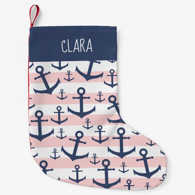 Nautical pink stripe navy blue anchor pattern small christmas stocking (Front)