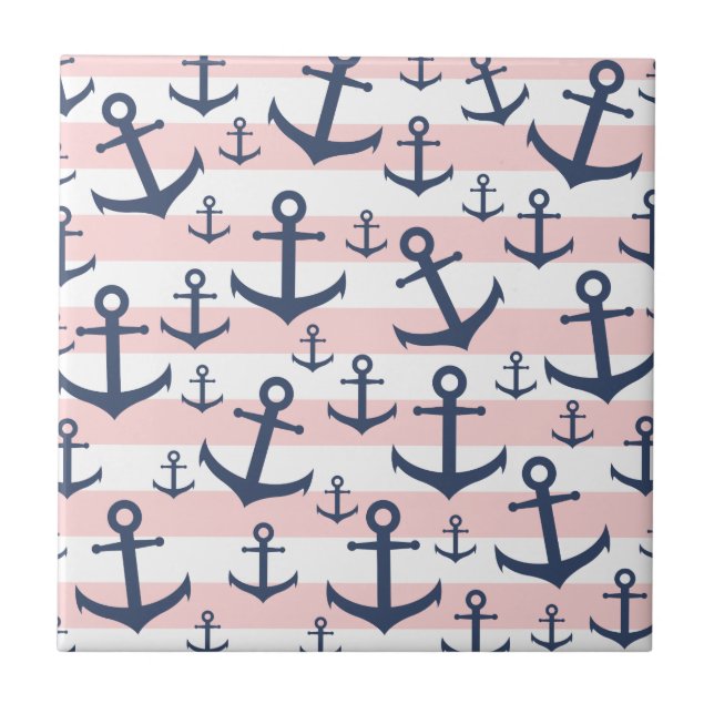 Nautical pink stripe navy blue anchor pattern tile (Front)