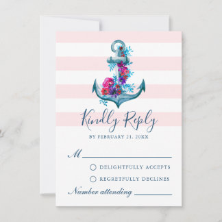 Nautical Pink Stripes Watercolor Anchor RSVP Card