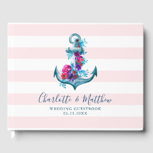 Nautical Pink Stripes Watercolor Anchor Wedding Guest Book