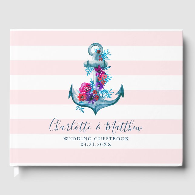Nautical Pink Stripes Watercolor Anchor Wedding Guest Book (Front)