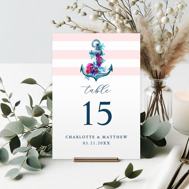 Nautical Pink Stripes Watercolor Anchor Wedding Table Number (Creator Uploaded)