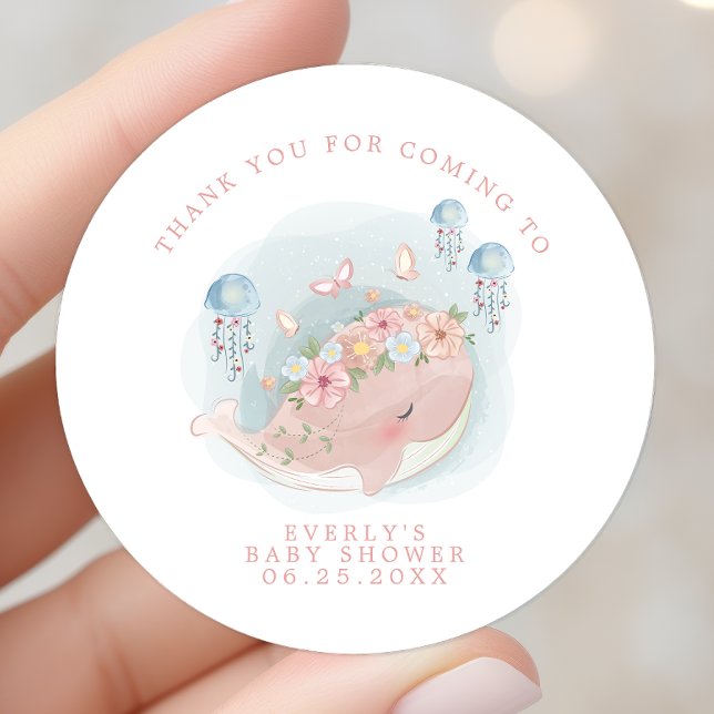 Nautical Pink Whale Jellyfish Baby Shower Thanks Classic Round Sticker (Creator Uploaded)