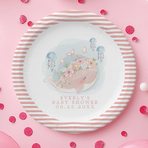 Nautical Pink Whale Jellyfish Girl Baby Shower Paper Plate