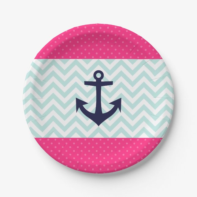 Nautical Pink White Mint Chevron Anchor Pattern Paper Plate (Front)