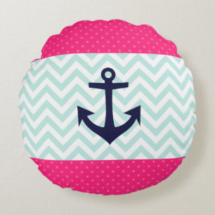 Nautical Pink White Mint Chevron Anchor Pattern Round Cushion