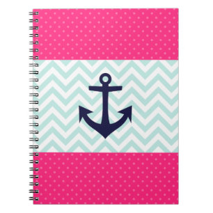 Nautical Pink White Mint Chevron Anchor Pattern Spiral Notebook